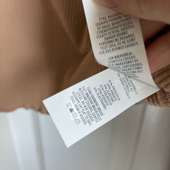 Aerie Long Sleeve Cropped Mock Neck Long sleeve T-Shirt scalloped hem size L tan - Picture 3 of 7